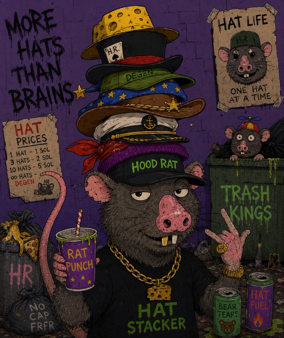 A colorful illustration of a 'HAT STACKER' rat wearing multiple stacked hats, featuring text like 'MORE HATS THAN BRAINS', 'HAT LIFE', 'HAT PRICES', 'TRASH KINGS', and 'RAT PUNCH'.