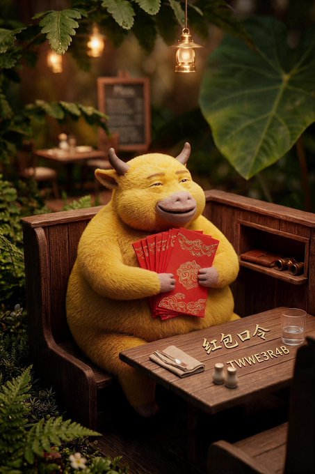 A cheerful yellow bull-like creature sits at a wooden table in a lush garden setting, holding up a fan of red envelopes (红包口令) emblazoned with Chinese characters and the text "TINVE3R4B." The festive, lucky imagery of the bull clutching red envelopes directly illustrates the post's theme of celebrating "Niu Lai" dividend earnings and sharing fortune with the community, tying into the BNBChain giveaway campaign mentioned.