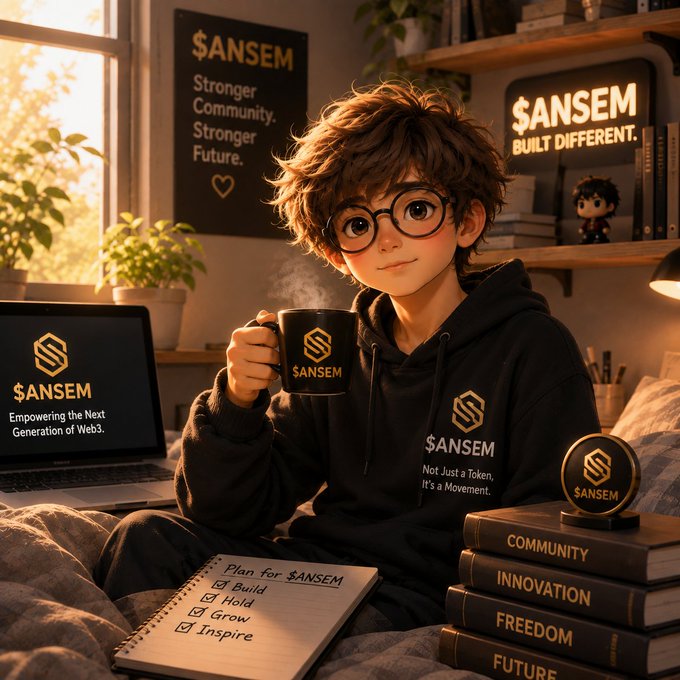 An illustration depicts a young person with glasses and a black '$ANSEM' hoodie holding a steaming branded mug, surrounded by '$ANSEM BUILT DIFFERENT' posters, a laptop displaying 'Empowering the Next Generation of Web3', and books labeled 'COMMUNITY', 'INNOVATION', 'FREEDOM', and 'FUTURE', with a notebook checklist titled 'Plan for $ANSEM'.
