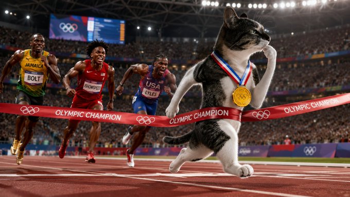 A cat wearing a gold medal triumphantly crosses the finish line ahead of Olympic sprinters Usain Bolt (Jamaica), Su Bingtian (China), and Noah Lyles (USA) at a track meet adorned with "Olympic Champion" banners and Olympic rings.

The image humorously illustrates the post "$PONS has a runner" by depicting the "PONS" character (the cat) as the winner of the race, outpacing famous athletes.