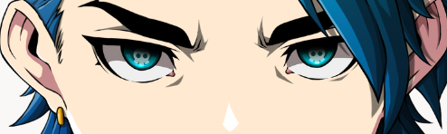 A close-up anime illustration of a character's face featuring intense blue eyes, thick black eyebrows, and blue hair against a white background.