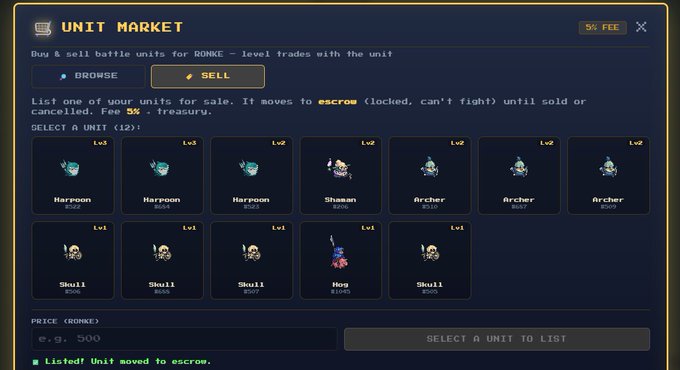 A 'UNIT MARKET' interface for a game shows available units for purchase including Harpoon, Shaman, Archer, Skull, and Hog, with a listed RONKE unit priced at 500.