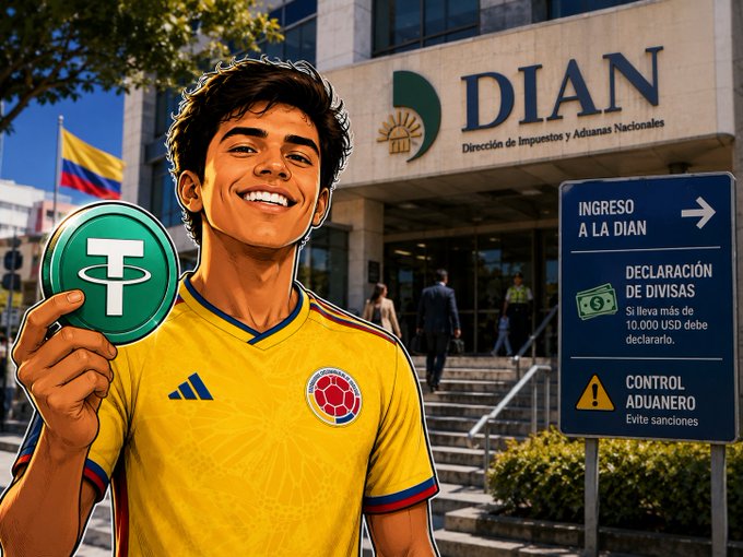 The image features a young man wearing a yellow shirt with a green circle on his chest that says "TETHING" and holding up a green coin. In front of him, there's a sign for DIAN National Bank located outside a building. The text in the image suggests that the DIAN bank is now requiring all transactions to be reported automatically starting from 202nd year.