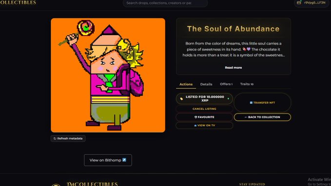 A digital collectible page displaying "The Soul of Abundance," a pixel-art NFT of a chocolate character with listed price 10,000,000 XRP and transfer NFT option.