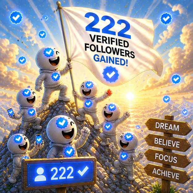 Cheerful illustration of astronaut-like figures celebrating '222 Verified Followers Gained!' on a mountain peak, with motivational signs reading 'Dream, Believe, Focus, Achieve.'