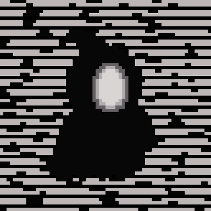 A pixel art illustration of a black figure with a pale oval face/visor surrounded by horizontal scan lines.