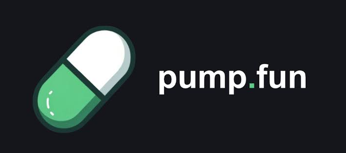 Logo for pump.fun featuring a green and white pill capsule icon next to the brand name in white text on a black background.