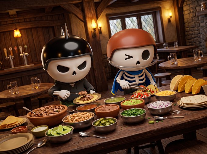 A 3D-rendered scene of two skeleton characters in helmets—one with black spikes, one in blue and red—preparing food at a rustic wooden table filled with tacos, tortillas, and various bowls of ingredients.