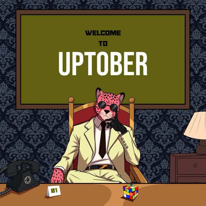 An illustration of a character with a pink leopard head wearing a beige suit and sunglasses, sitting at a desk with a Rubik's cube and a calendar showing '07', under the text 'WELCOME TO UPTOBER'.