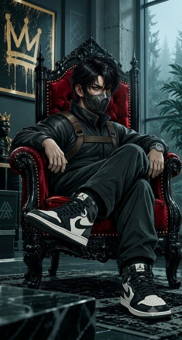 An anime-style illustration of a dark-haired young man wearing a black mask, black outfit, and black-and-white sneakers, seated on an ornate red velvet throne with a crown painting behind him.