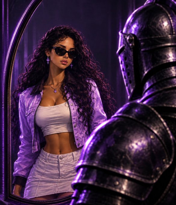 A stylized image of a woman with long curly hair wearing sunglasses, a purple jacket, white top, and white skirt, reflected in a mirror while a knight in dark armor stands in the foreground.