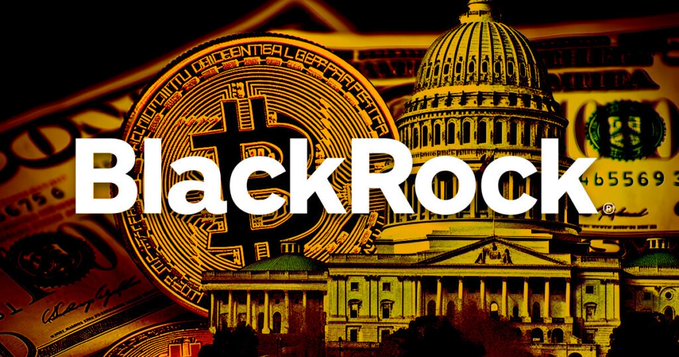 A graphic image displays 'BlackRock' in large white text overlaid on a Bitcoin coin, US dollar bills, and the US Capitol building.
