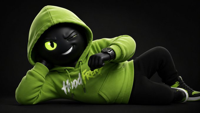 A black mascot character with glowing green eyes lounges in a bright green hoodie that reads "Hood Rich," paired with black pants and matching green-and-black sneakers. The playful, stylish character fits the post's announcement about creator competition series, likely serving as branding for the "Hood Rich" community hosting the Series 1 wrap-up and upcoming Series 2 launch.