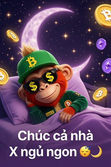 A cartoon monkey wearing dollar-sign sunglasses and a Bitcoin cap sleeping under a crescent moon surrounded by Bitcoin and Ethereum coins, with Vietnamese text 'Chúc cả nhà X ngủ ngon' (Wishing everyone good night) and a sleepy emoji.