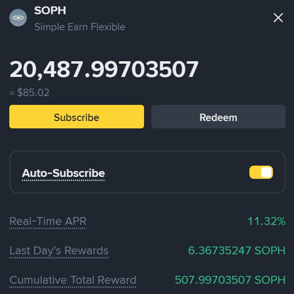 A crypto app interface for SOPH ('Simple Earn Flexible') showing a balance of 20,487.99703507 (~$85.02), Subscribe/Redeem buttons, an Auto-Subscribe toggle, and stats including an 11.32% Real-Time APR.