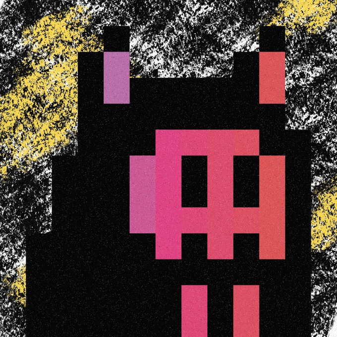 A pixel-art style image featuring a pink and black character resembling an alien or robot figure against a textured black, white, and yellow background.