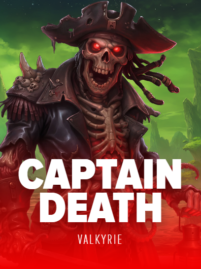 A skeletal pirate captain with glowing red eyes, tattered tricorn hat, and spiked armor stands against a foggy green seascape, with bold white text reading "CAPTAIN DEATH" and "VALKYRIE" below. The gothic artwork ties into the promotional post highlighting the launch of new slot games, with this dark pirate-themed "Captain Death" serving as the official reveal despite being an earlier version of "Red Strike."