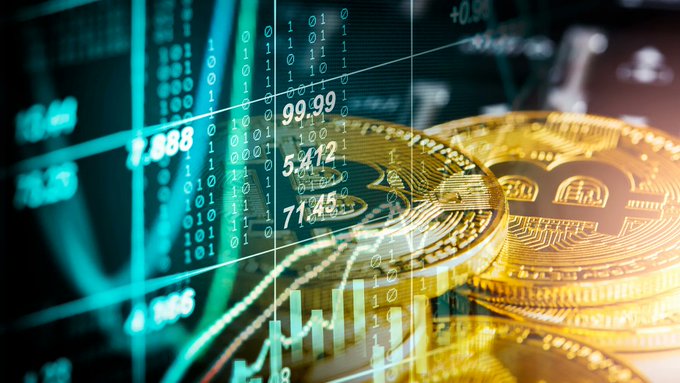 A stock image showing physical Bitcoin coins alongside digital market charts and binary code overlay, representing cryptocurrency trading.