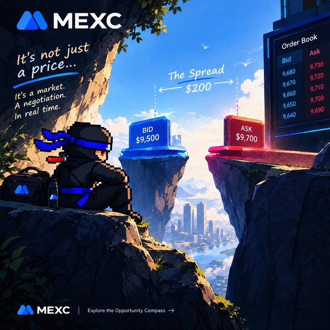 A stylized promotional graphic for MEXC cryptocurrency exchange featuring a pixel-art ninja on a cliff, illustrating the concept of "The Spread" between a BID of $9,500 and an ASK of $9,700, with the tagline "It's not just a price... It's a market. A negotiation. In real time."