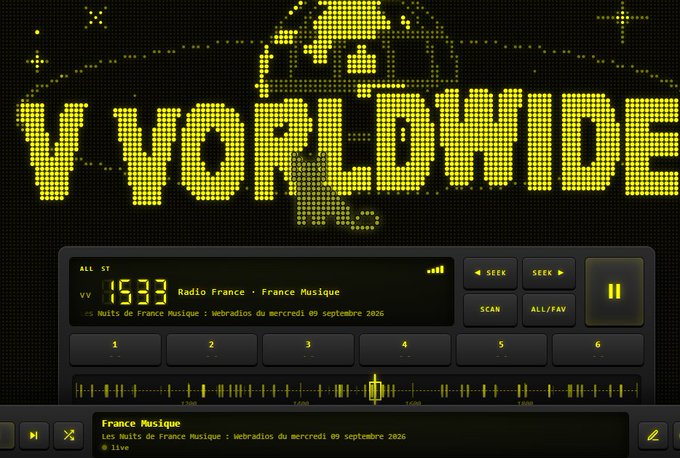 A digital radio interface displaying the logo 'V.YORLDWIDE' in large yellow pixelated text, with the player tuned to 'Radio France - France Musique' (15:33) broadcasting 'les Nuits de France Musique : Webradios du mercredi 09 septembre 2026'.