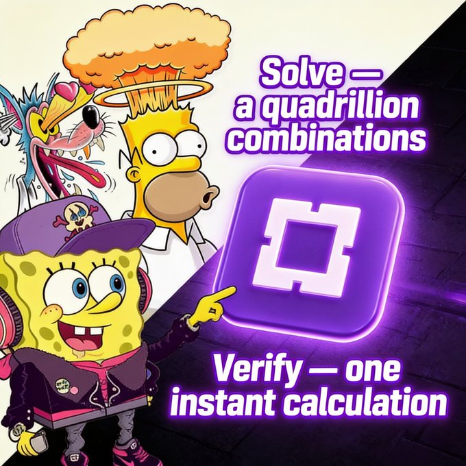 A promotional graphic featuring SpongeBob and other cartoon characters with text reading 'Solve — a quadrillion combinations' and 'Verify — one instant calculation' next to a purple app icon.
