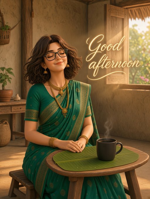 AI-generated illustration of a woman in a green sari with glasses sitting at a wooden table with a steaming cup of coffee, with 'Good afternoon' written in cursive text.