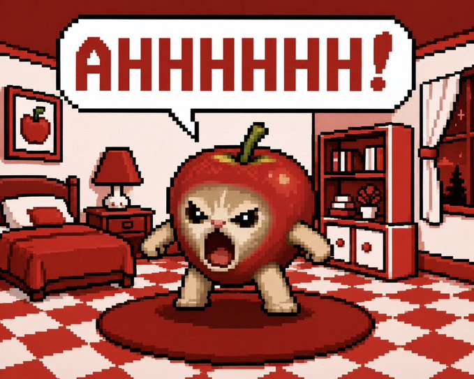A pixel‑art cat wearing an angry apple costume stands in a red bedroom, shouting “AHHHHHHH!”—a visual nod to the post that Naom is the father of $ACAT.