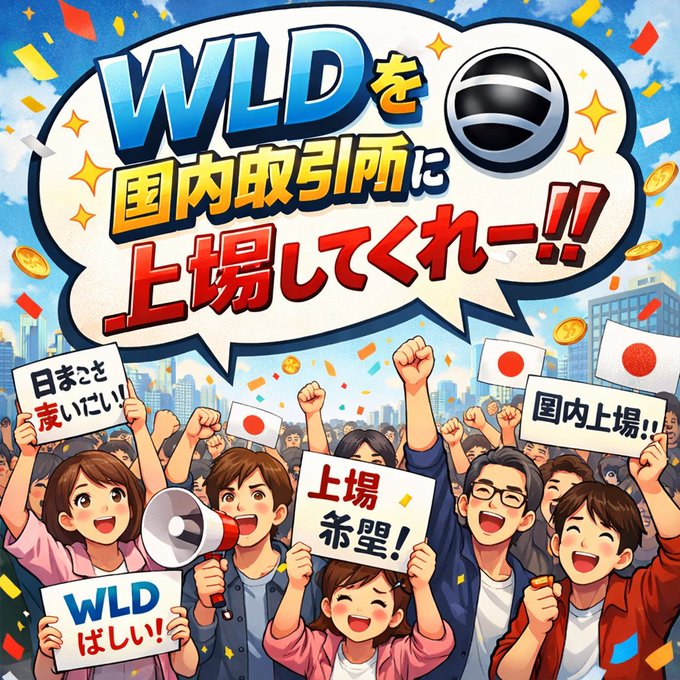 The image features a group of people holding up signs, with one sign that says "WLD" written in Japanese. The scene takes place outdoors, possibly at an event or gathering where people are expressing their opinions or supporting a cause. The presence of multiple people and signs suggests that this is a public demonstration or protest related to the WLD (World Leaders Dialogues) series.