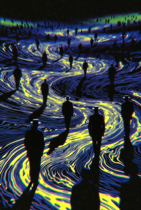 A surreal digital artwork of silhouetted figures walking through a swirling, iridescent blue and yellow liquid landscape with a green aurora on the horizon.