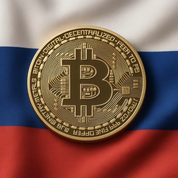A physical Bitcoin coin rests atop a Russian flag, visually reinforcing the post's announcement that SPB, Russia's second-largest financial exchange, is launching Bitcoin and crypto trading for Russian investors.