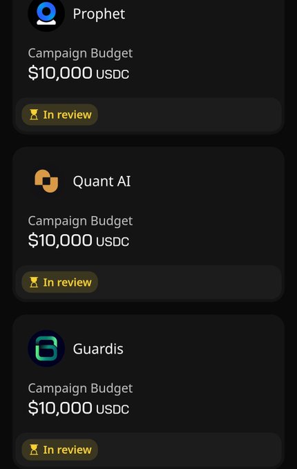 The image features a mobile advertisement screen with three different ad formats displayed side by side, showcasing a unique way of marketing campaigns using AI-powered technology rather than relying solely on social media follow counts or follower numbers. The first tab shows an article about campaign budgets, while the second tab showcases the campaign budget for Guardris, and the third tab displays an app called "Qrant AI".

The post mentions that it's a product review with the title: "Campaign Budget $10,000 USDC" on the bottom right. The text highlights the benefits of using Guardis to manage campaigns rather than traditional methods, which emphasizes its effectiveness in delivering fixed USDC payouts. Overall, the image encourages users to consider exploring Guardis for more efficient campaign management and better results.