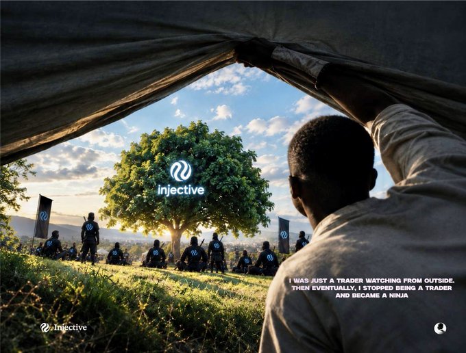 An Injective (INJ) cryptocurrency advertisement showing warriors gathered under a tree with the Injective logo, featuring the text: 'I WAS JUST A TRADER WATCHING FROM OUTSIDE. THEN EVENTUALLY I STOPPED BEING A TRADER AND BECAME A NINJA.'