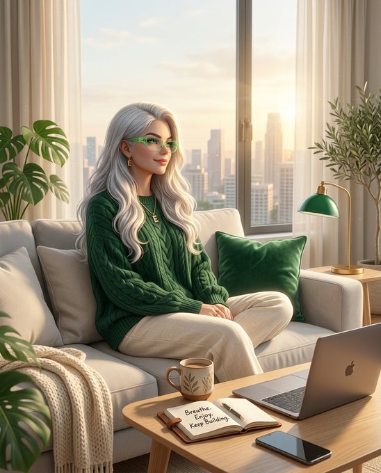 A stylized illustration shows a white-haired person sitting on a couch with a laptop, coffee, and a notebook that reads 'Breathe Eat Keep Building.'