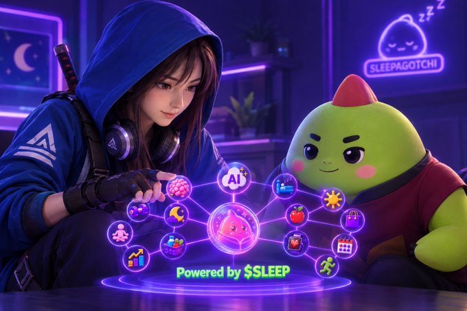 An anime-style digital illustration features a hooded character with a sword alongside a green cute creature, interacting with a glowing purple AI network interface labeled 'Powered by $SLEEP' and 'SLEEPAGOTCHI'.