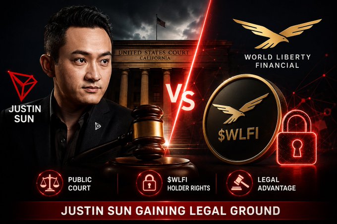 A 'Justin Sun Gaining Legal Ground' graphic depicting a legal battle between Justin Sun (TRON) and World Liberty Financial ($WLFI), with icons highlighting Public Court, $WLFI Holder Rights, and Legal Advantage, set against a backdrop of the United States Court of California.