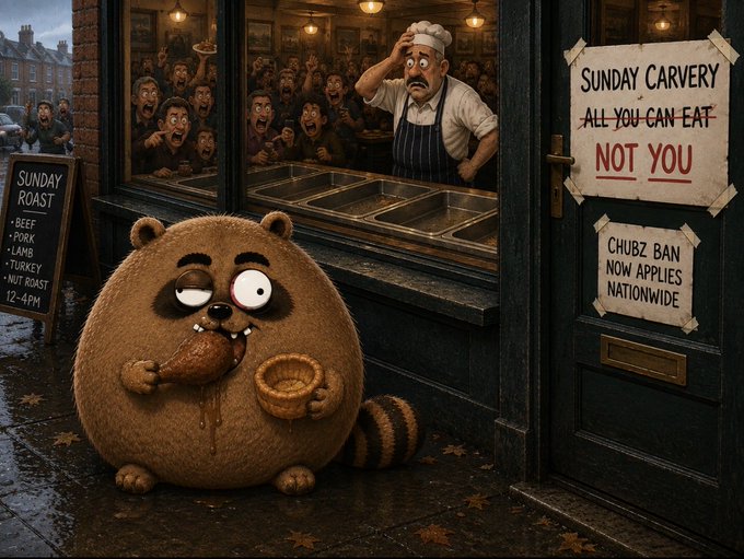 A humorous digital illustration of a raccoon eating outside a pub while a chef looks shocked through the window; signs read 'SUNDAY ROAST', 'SUNDAY CARVERY ALL-YOU-CAN-EAT NOT YOU', and 'CHUBZ BAN NOW APPLIES NATIONWIDE'.