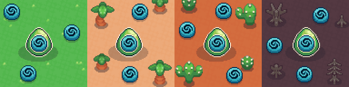 A pixel art image showing blue speckled eggs scattered across four different biomes—green grass, sandy desert, red terrain with cacti, and dark purple forest—each containing a large central egg surrounded by smaller ones, tying into the NFT egg collection's minting completion. The egg-themed artwork visually represents the "10,000 NFT Eggs" milestone announced in the caption.