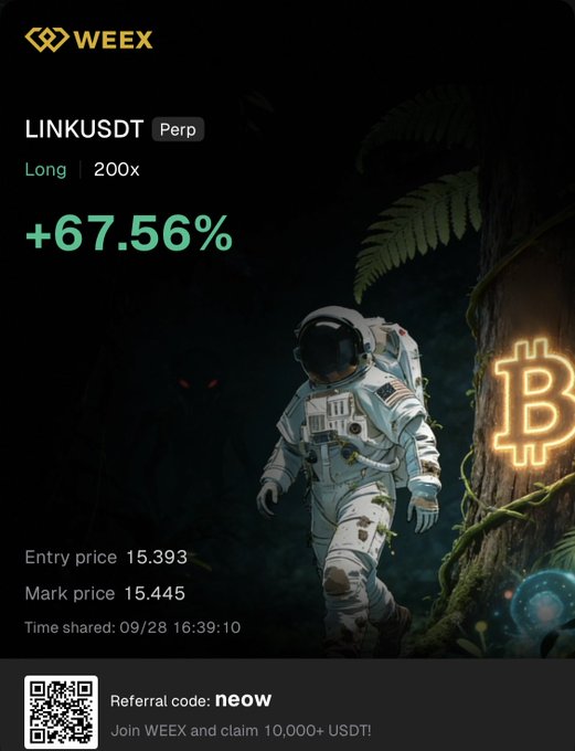 A WEEX exchange trade result card for LINKUSDT Perp showing a long position with 200x leverage and a +67.56% gain, with referral code 'neow'.