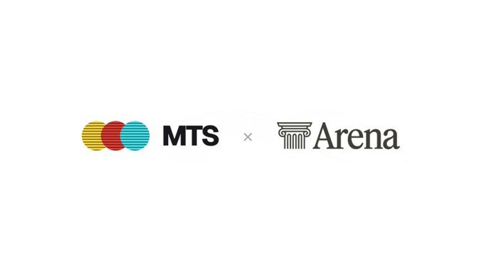 The image displays the logos of "MTS" (Multi-Model Total Solutions, with yellow, red, and teal overlapping circles) and "Arena" (with a classical column icon) separated by an "×" symbol, visually representing the new sponsorship partnership between the two brands.
