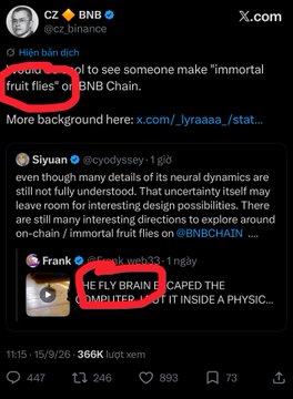 A screenshot of a tweet from CZ (Changpeng Zhao) on X.com discussing 'immortal fruit files' and Neuralink, with engagement metrics showing 366K views and various replies, including a video thumbnail about 'FLY BRAIN'.