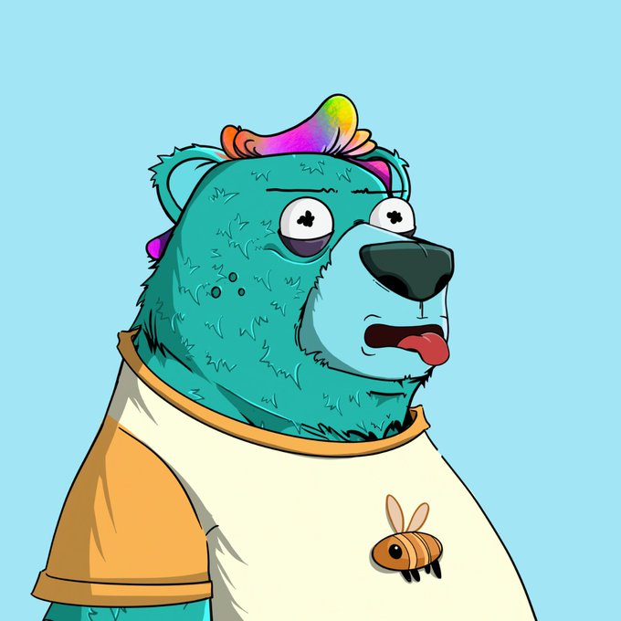 A cartoon teal bear character with a rainbow-colored tuft of hair, wearing a white and orange shirt with a bee emblem, appearing exhausted with its tongue out.