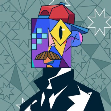 A cubist-style illustration of a figure with a geometric head featuring a yellow eye, red cap, and mustache, set against a teal star-patterned background.
