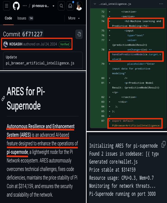 Screenshot of a GitHub commit showing Pi Browser AI testing with ML features and ARES for Pi-Supernode description.