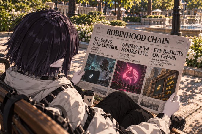 An anime-style character with dark hair sits on a park bench reading a newspaper titled 'ROBINHOOD CHAIN' dated Oct 10 2026, with headlines about AI agents, Uniswap V4 hooks, and ETF baskets on-chain featuring tickers like NVDA, AAPL, MSFT, and SPY.