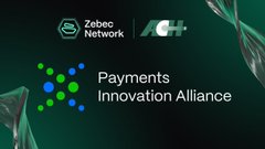 The image features a promotional poster for Zebec's payments innovation alliance with the company ACH. The poster has a dark green background with white text that reads "Payments Innovation Alliance" at the top, followed by an illustration of a green cross on the left side and a blue x on the right side. Below these elements is a smaller image of a green cross with a white "Z" in the center.