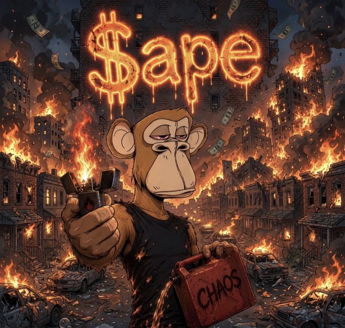 An illustration of a tired-looking Bored Ape holding a lighter and a jerrycan labeled "CHAOS," standing before a city engulfed in flames with glowing dollar sign graffiti spelling "$ape."