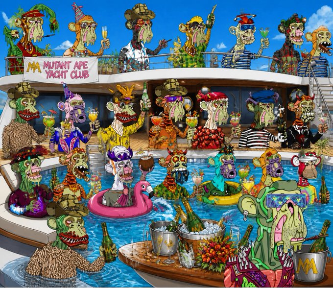 The image features a cartoon depiction of a group of monkeys gathered around a pool, enjoying themselves with drinks and snacks. There are at least 14 monkeys visible in the scene, some holding drinks while others are sitting or standing near the water. The overall atmosphere appears to be lively and social, as if the monkeys have just arrived together after joining a Monkey Palace Club.