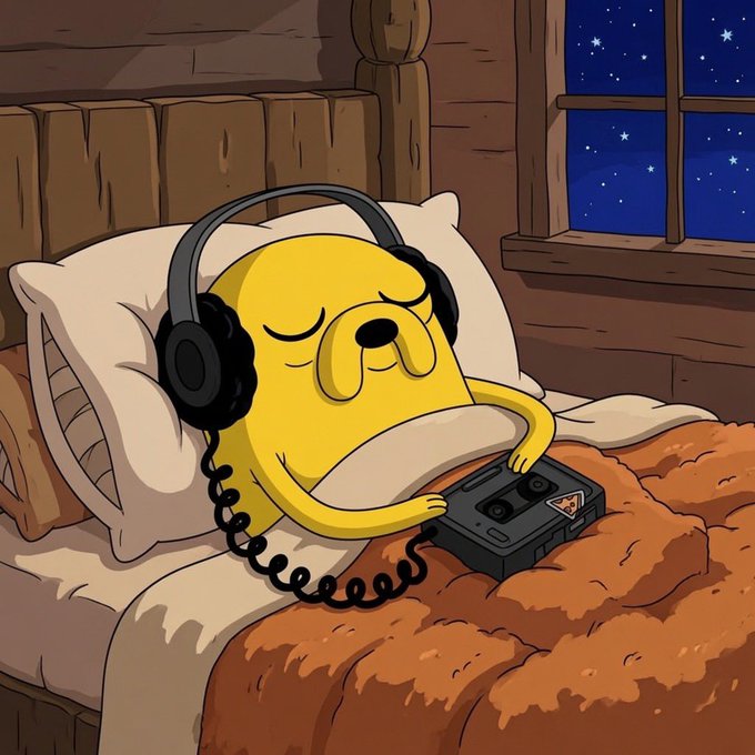 A digital illustration of Jake the Dog from Adventure Time sleeping peacefully in bed with headphones on, listening to a portable cassette player.