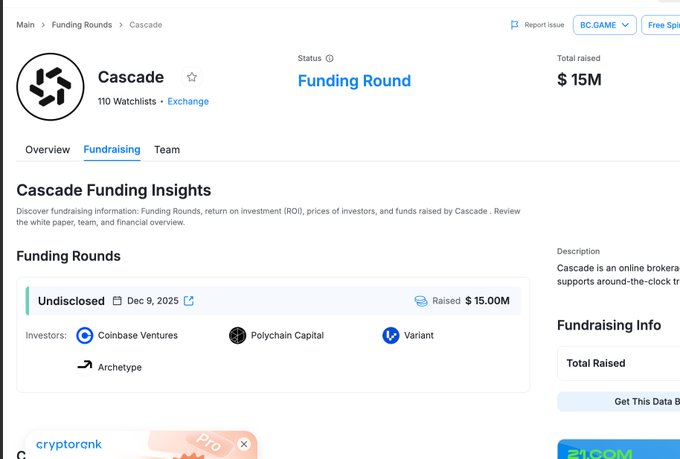RootData fundraising page for Cascade showing a $15M funding round from investors Coinbase Ventures, Polychain Capital, Variant, and Archetype.