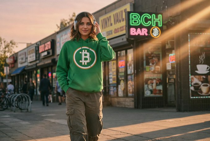 The image features a woman wearing a green hoodie with a Bitcoin logo walking down a street next to a store called "BCH Bar". The woman has headphones on her head, suggesting that she might be listening to music or an audiobook while enjoying her walk. The post about Bitcoin Cash is related to the scene as it mentions Bitcoin Cash and its golden path in the image description.
